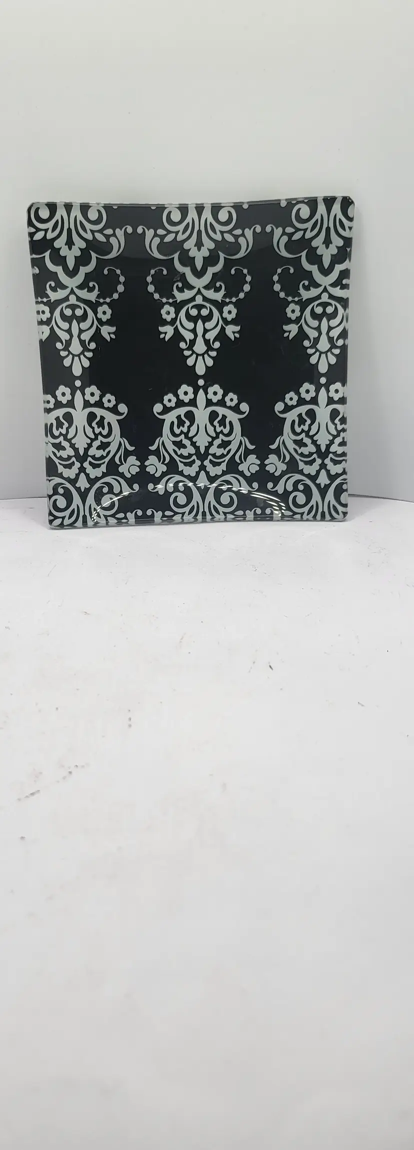 Elegant Black and White Damask Glass Trinket dish 5"