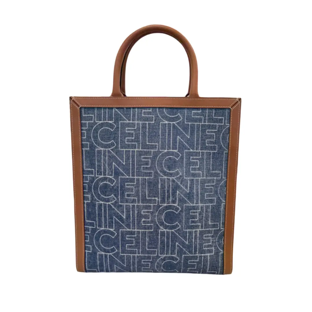Celine Vertical Cabas Denim Leather Trim Small Tote