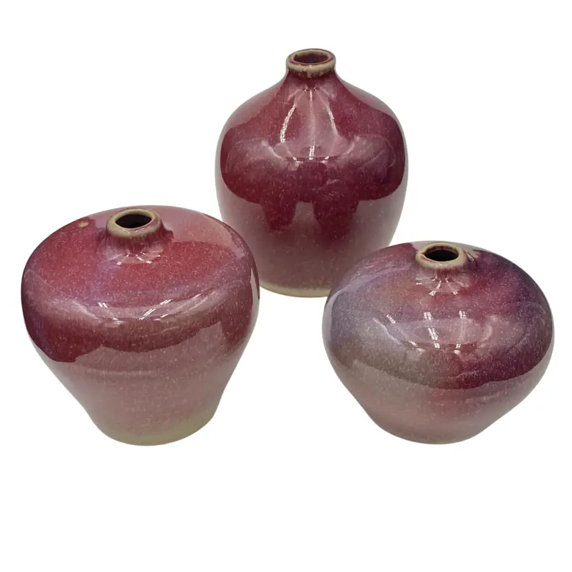 Vintage Set of 3 - Laslo for Mikasa (Japan) Ceramic Pinch Pot Vases, Berry Glaze