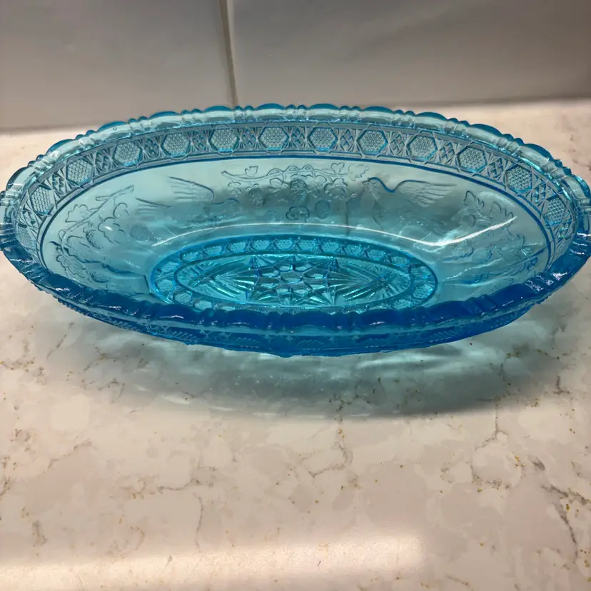 Indiana Glass Oval Dish Vintage Tiara Pattern Ice Blue Bird Strawberry Pattern