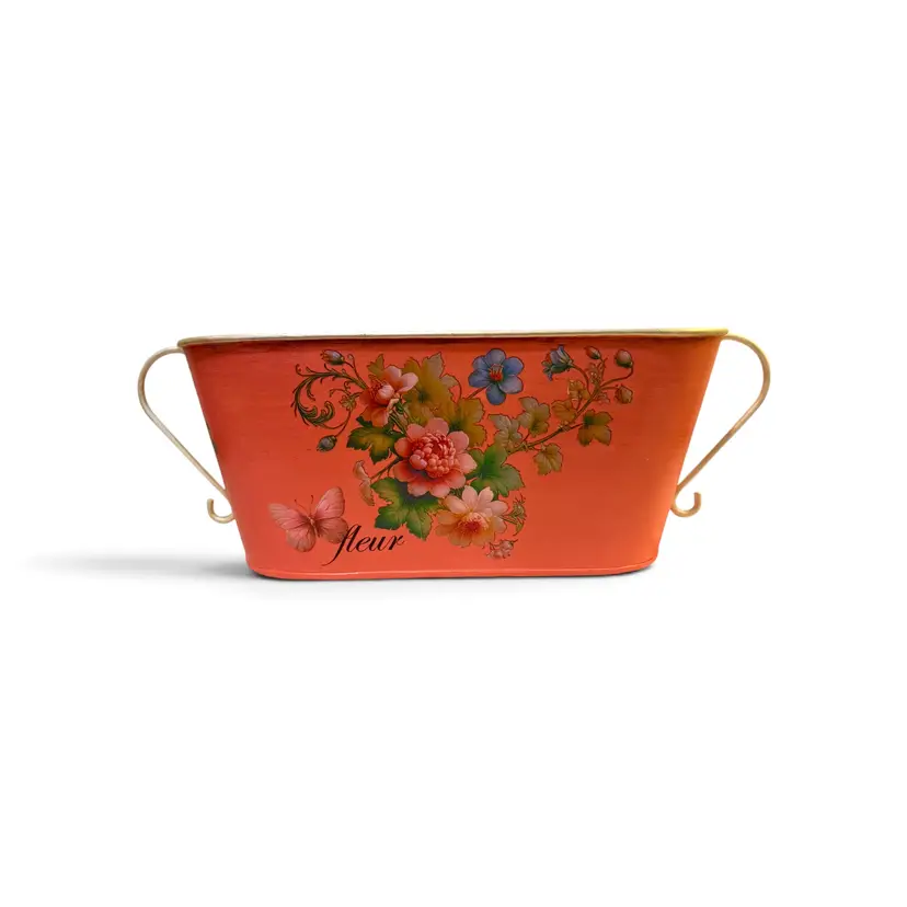 Upcycled Hand Painted Metal Planter Bucket Floral Design