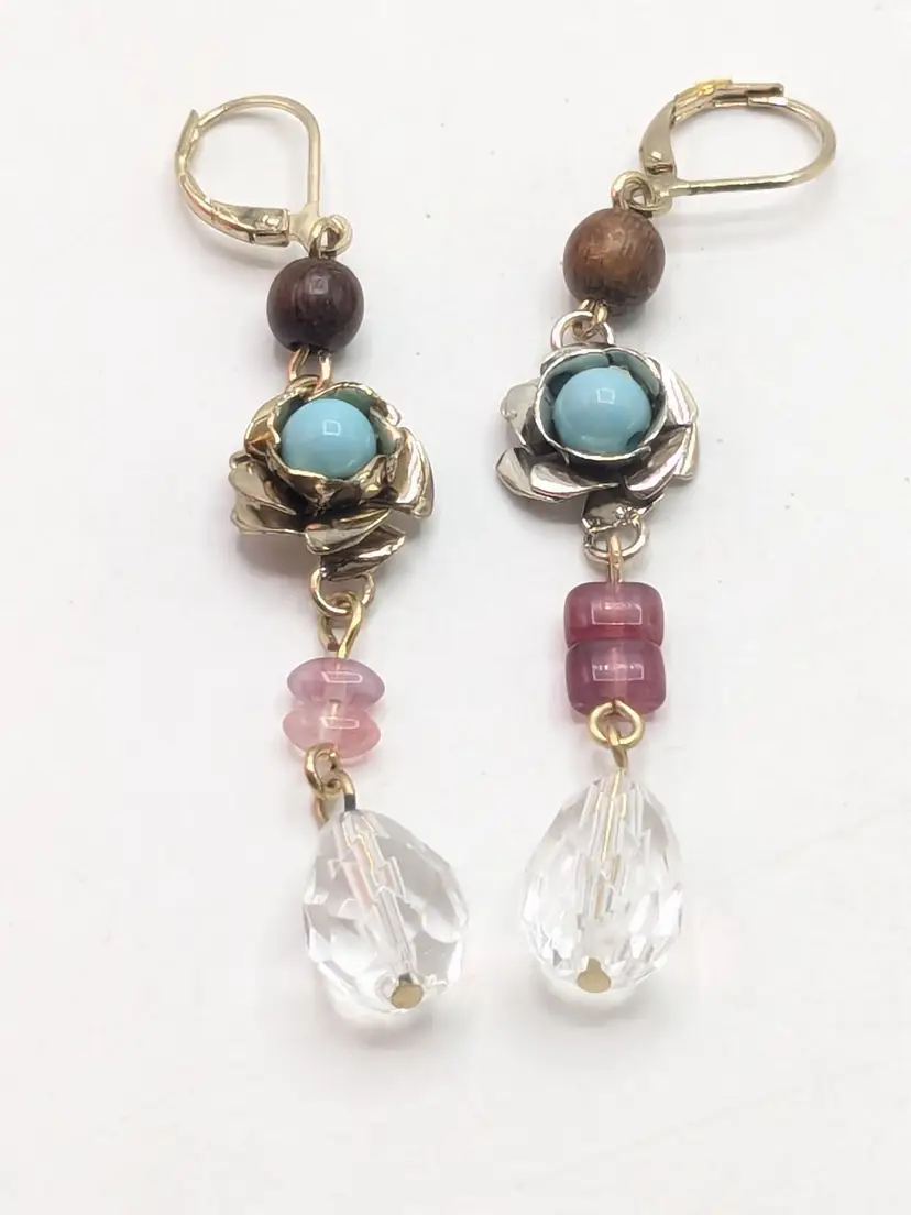 Vintage Henri Bendel Gold Tone Crystal Drop Earrings with Floral Accents NOS