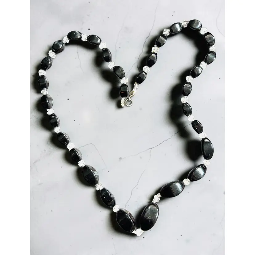 Midcentury Black & Clear Glass Bead Necklace 16”