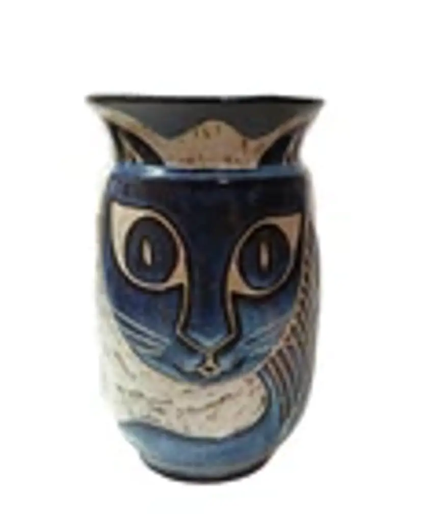 NORTH EAGLE Art Pottery CAT Vase 7" Tall Blue Signed 🐈 Handmade