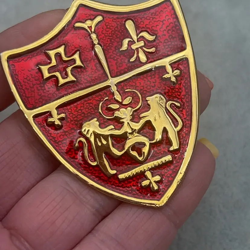 Vintage Red Enamel Heraldic Shield Crest Pendant Fleur de Lis Lion 2”