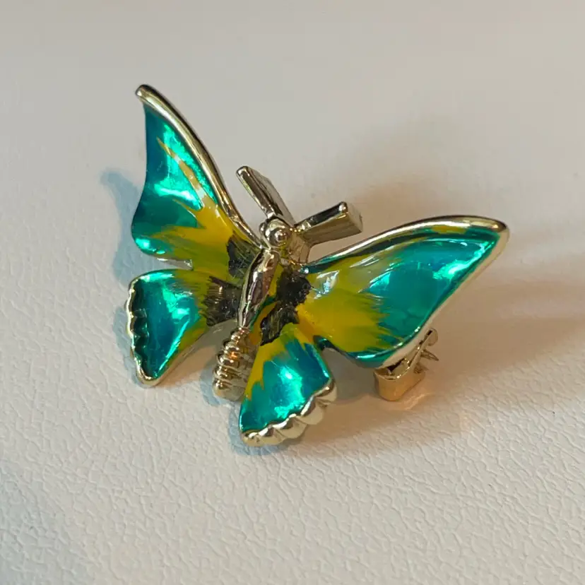 36 Vintage 1” Enamel Goldtone Butterfly brooch with teal and yellow enamel