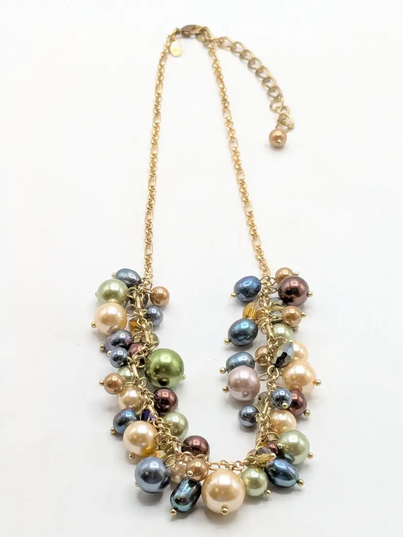 Premiere Designs "Leilani" Gold Tone Multicolor Faux Pearl Cluster Necklace