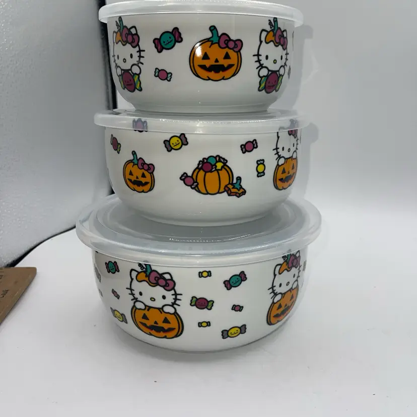 Hello Kitty Halloween Pumpkin & Candies 3 Piece Ceramic Tupperware Storage New