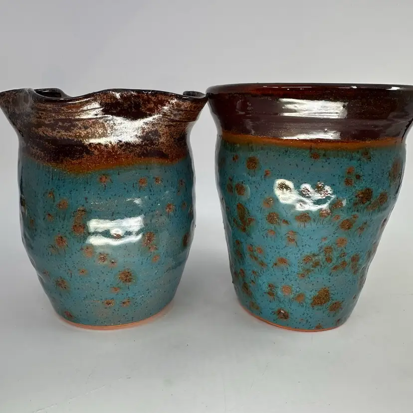 Blue Glazed 5”Redware Pottery Vases Set/2