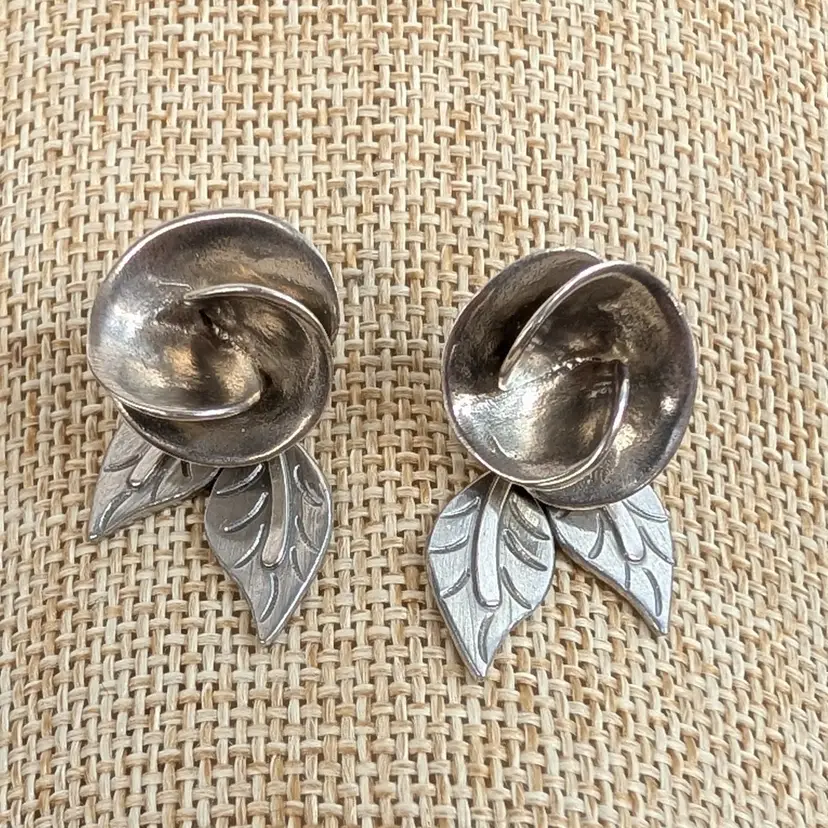 Vintage Artisan 3D Rose Flower Earrings Articulated Leaves Sterling Silver