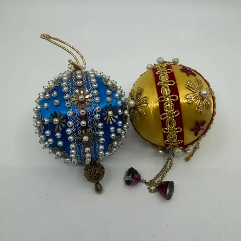 2 Vintage Satin Bead Push Pin Christmas Tree Ornaments 3”
