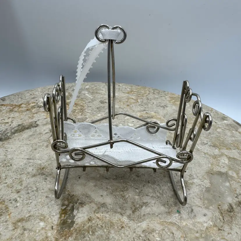 Vintage Dollhouse Miniature Steel Wire Cradle - Silvertone Rocking Nursery Bassinet Crib