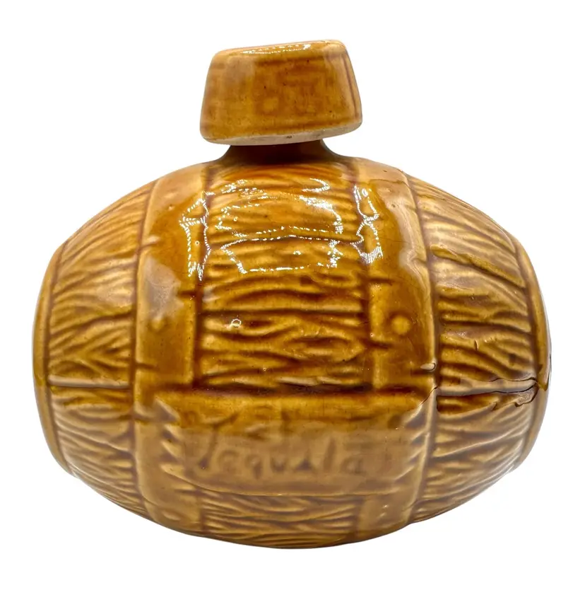 Vintage Ceramic Pottery Tequila Barrel Decanter Cork Stopper Brown Mexico 6”