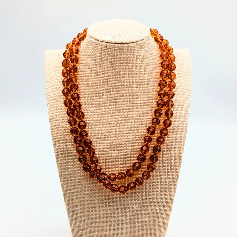 Vtg Faceted Glass Amber Beaded Double Strand Knotted Necklace