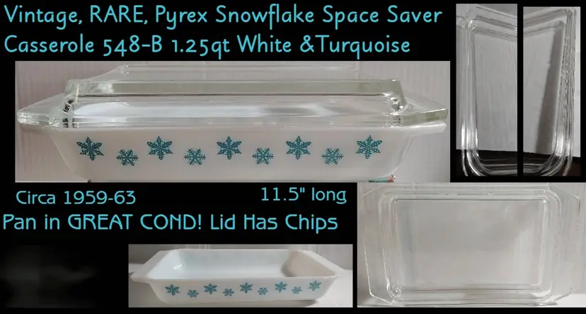Pyrex Snowflake Space Saver Casserole 548-B w LID 1.25qt White/Turquoise 1950’s