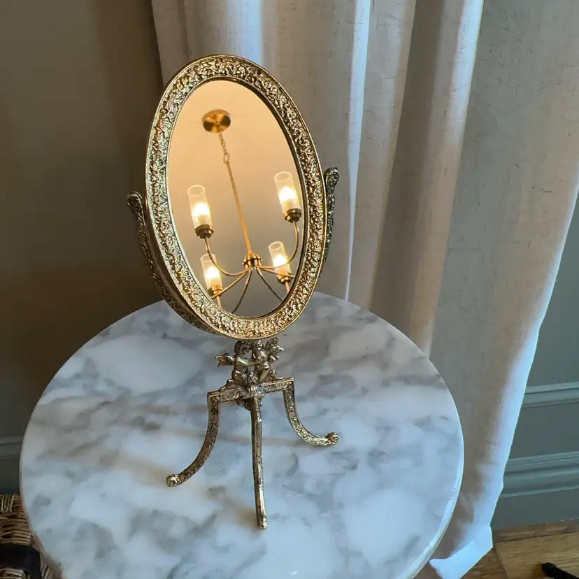 🔔 Vintage 9” Ormolu Oval Swivel Mirror With Tripod Cherub Stand