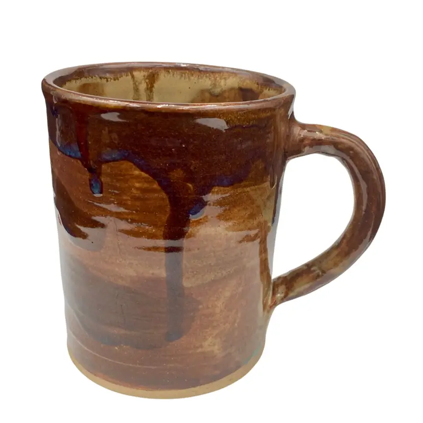 Handmade Studio Pottery Large Mug, Chocolate Brown Drip Glaze w/Blues, Signed
