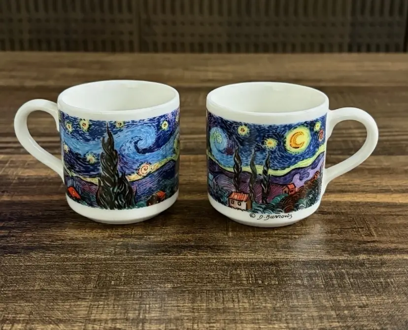 Vintage Starry Night Vincent Van Gogh Matching Espresso Cups Set of 2 Mugs