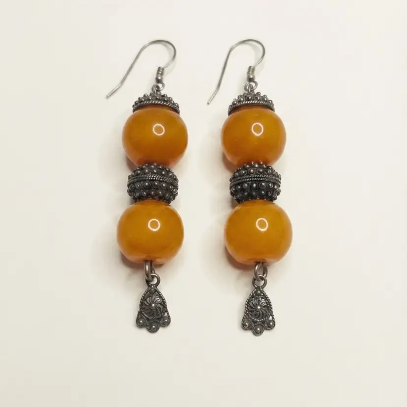 155. Bohemian Amber-Tone Beaded Dangle Earrings