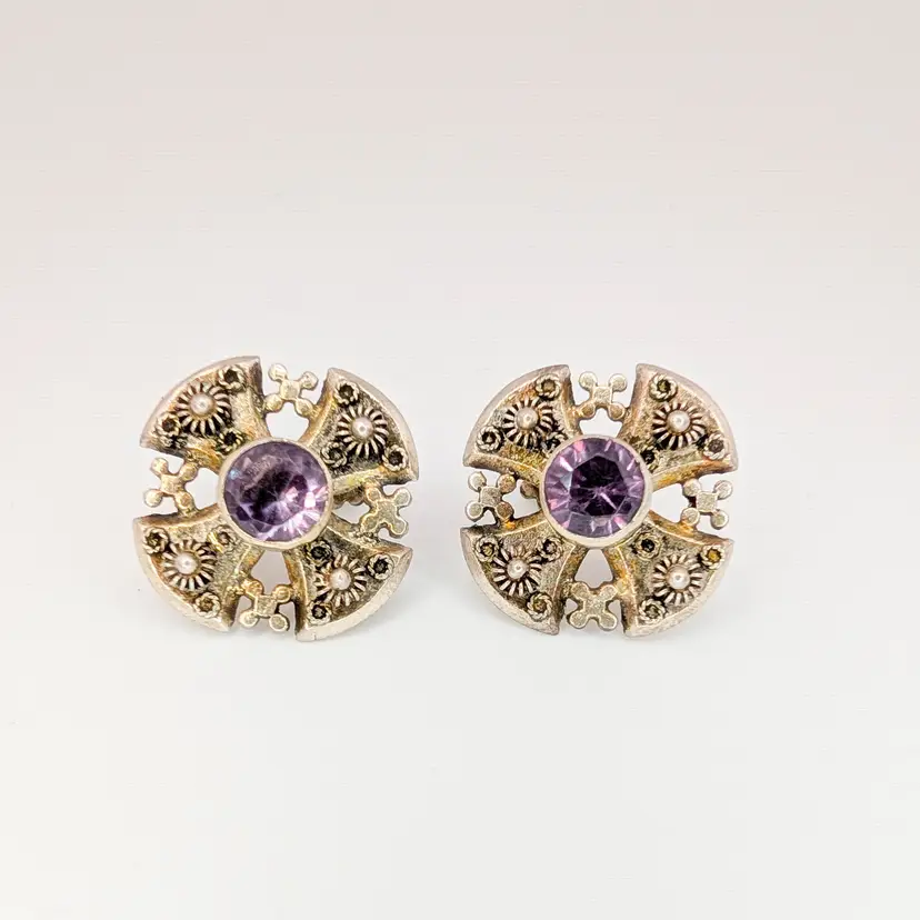 Vintage Lebanese Silver Jerusalem Cross Earrings w/ Created Alexandrite Sapphire