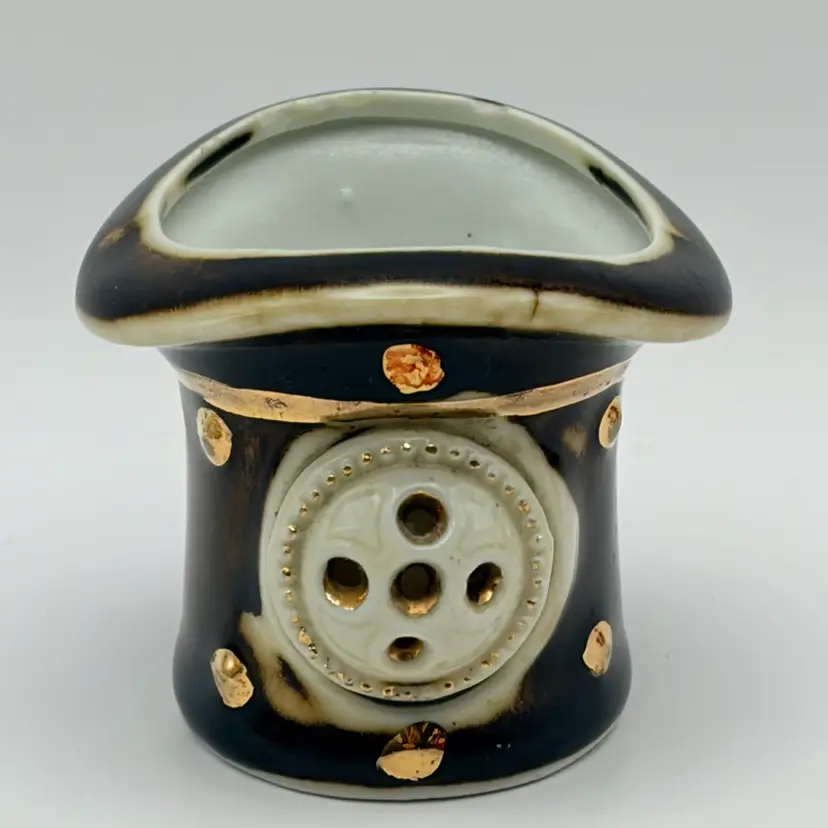 Antique, ceramic toothpick holder, bucket, brown glaze, gold accents