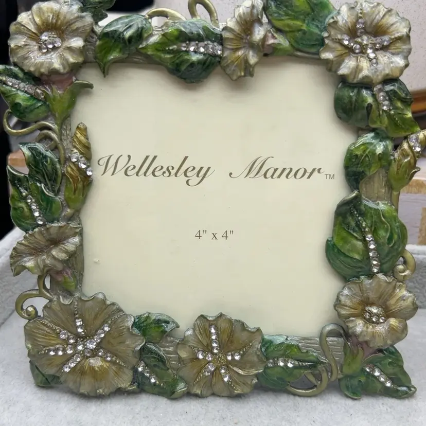 #01 Wellesley Manor 4x4 Floral Jeweled Picture Frame Green Enamel Rhinestone Flowers