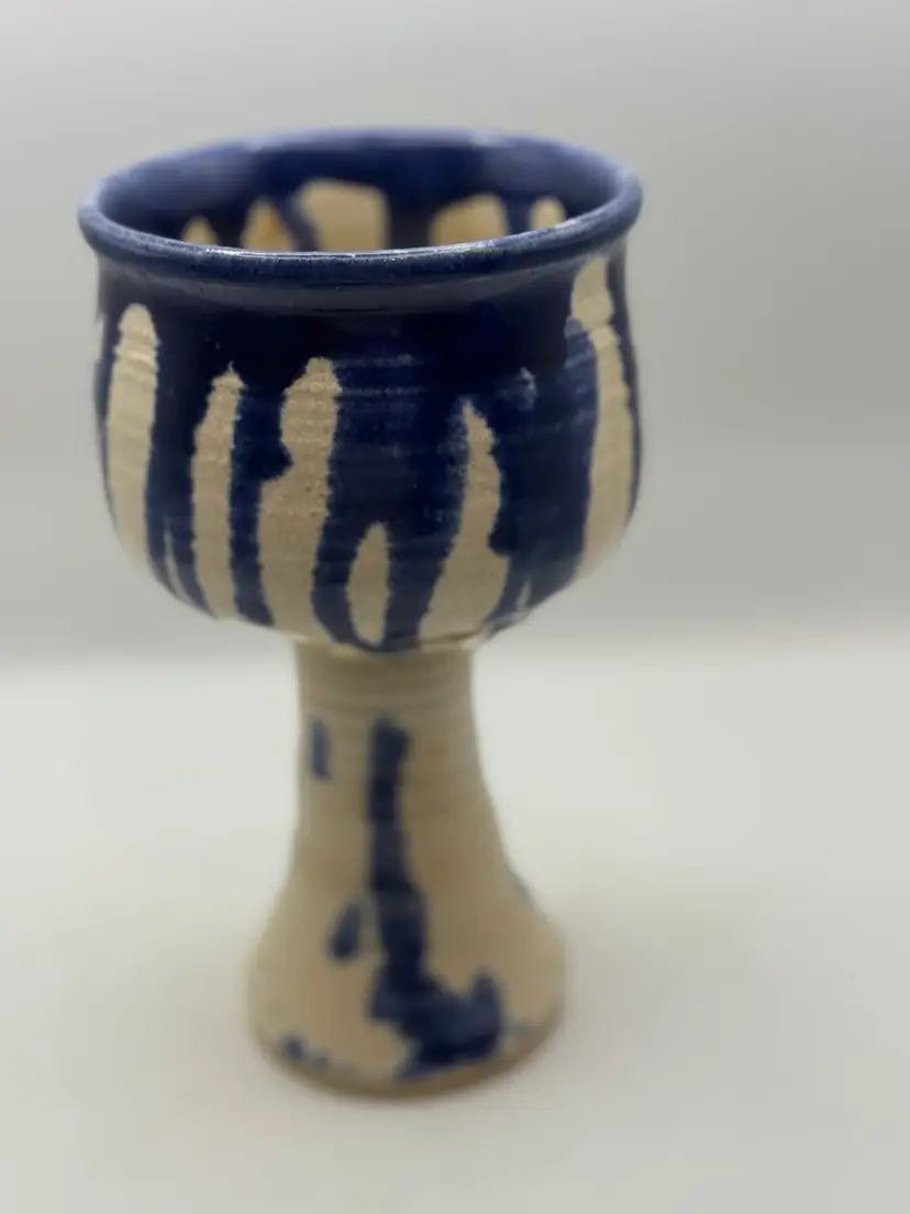 Art Pottery Chalice Cobalt And Ecru 7” Unsigned