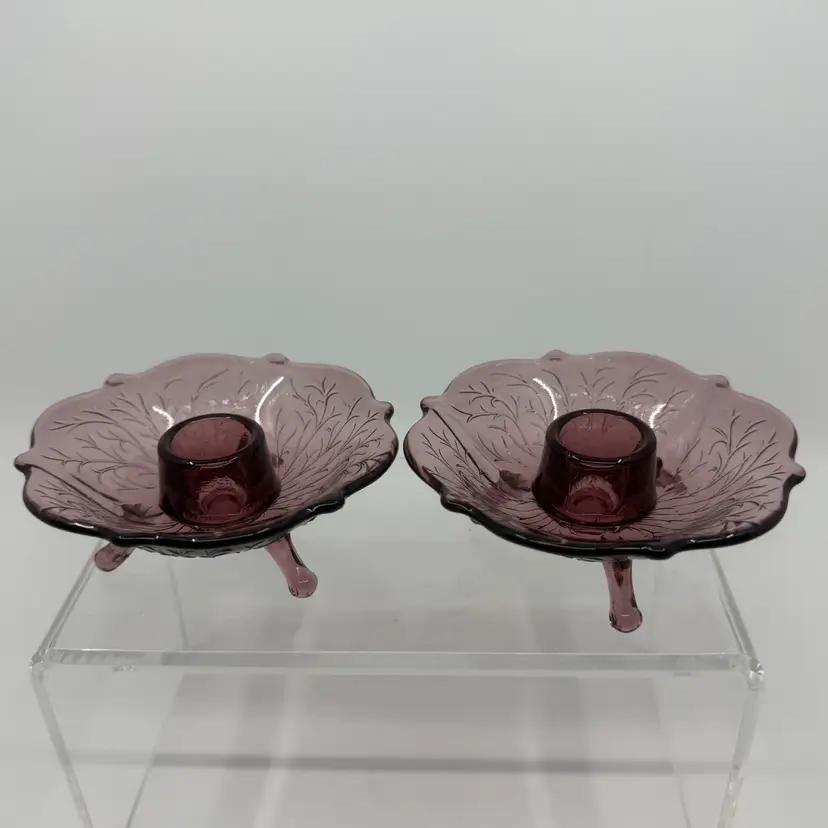 Pair Of 1934-1938 Fenton Amethyst Silvertone Wisteria 3 Footed Candle Holders