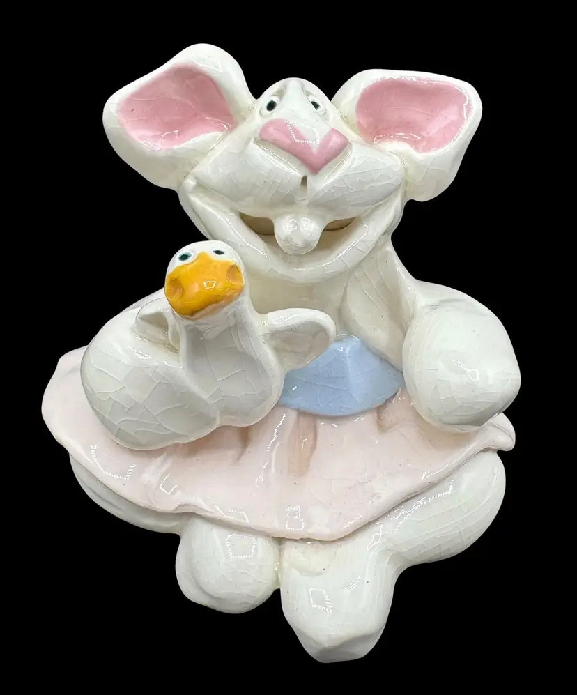 Signed Robin Russell Vintage Art Pottery Figurine Bunny Rabbit Duck Goose Dress