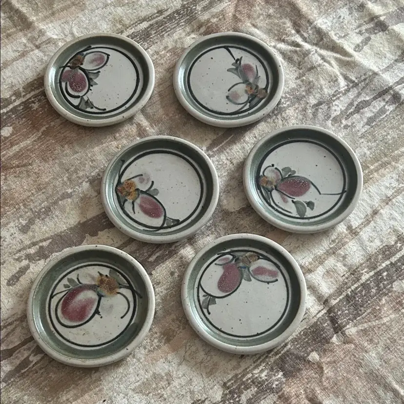 Set of 6 Vintage Coasters Handmade By Queenston Pottery Canada 1980s 4-1/4"