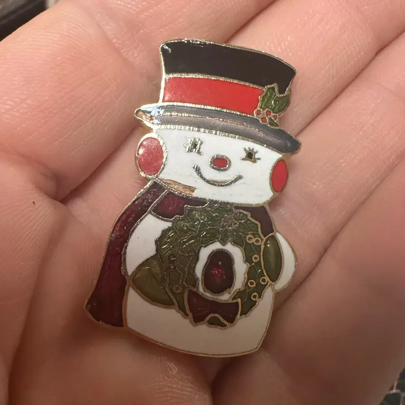 Gold Tone Enamel Snowman Pinback