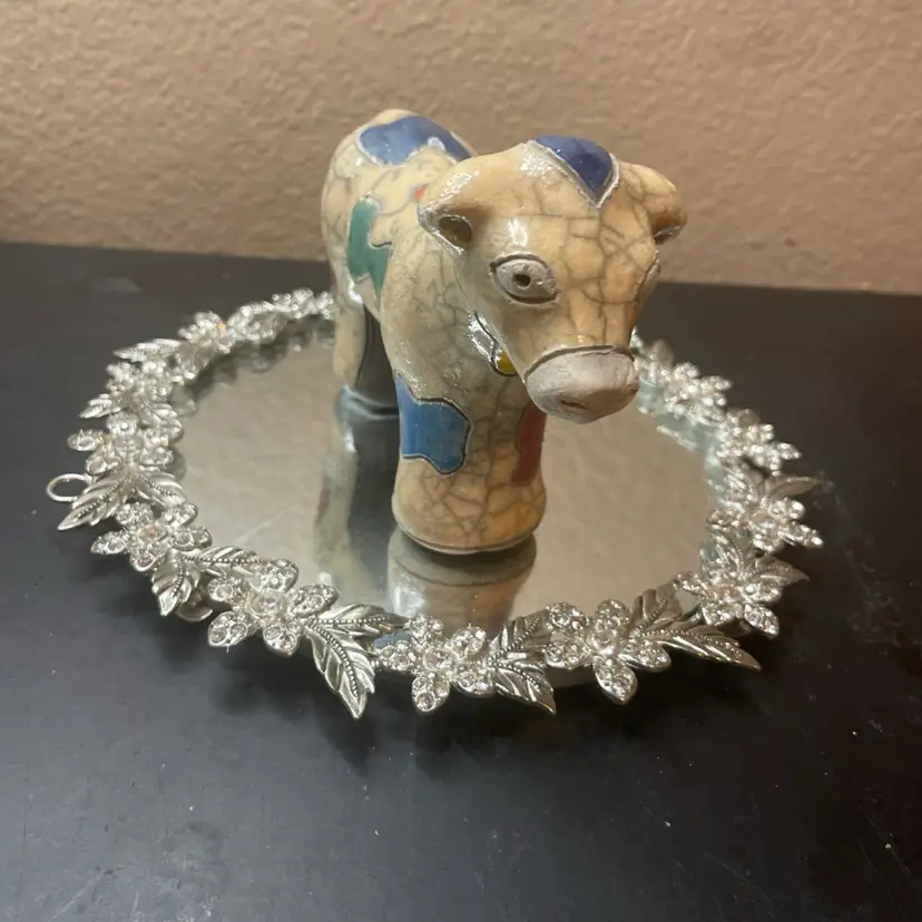 Signed South African Felix Raku 7” Dog Figurine W/ Crackle & Panels