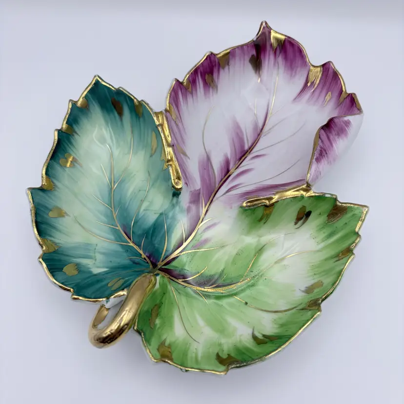 Vintage Hand-Painted Japan Leaf-Shaped Porcelain Dish With Gold Accents