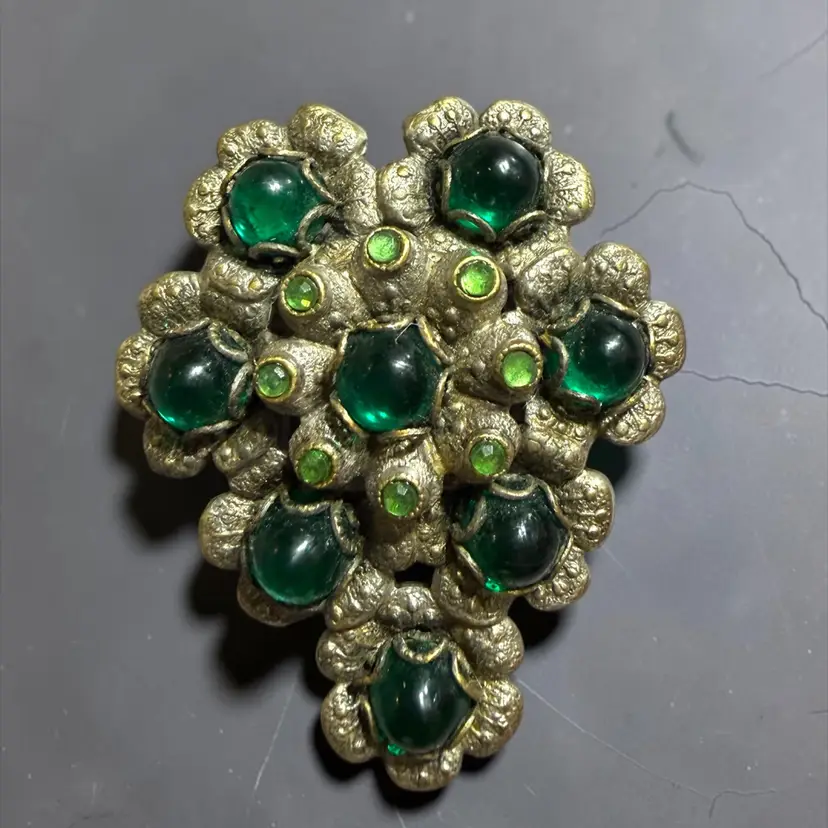 Antique Art Deco Brass Tone Emerald & Peridot Cabochon Dress Clip 2”x1.5”