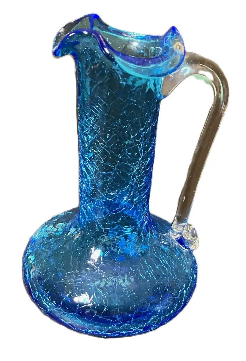 Hand Blown Electric Blue Crackled Glass Small Pitcher Creamer Vase