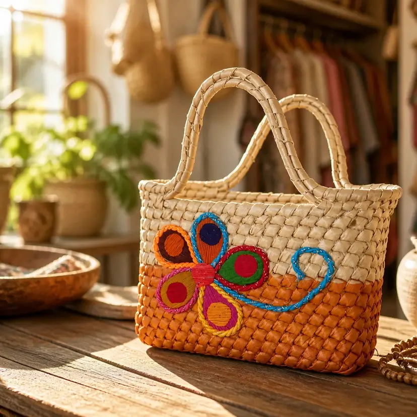 Mexican Woven Plain Leaf Tote Bag w/ Multi-Color Floral Applique & Coaster Set