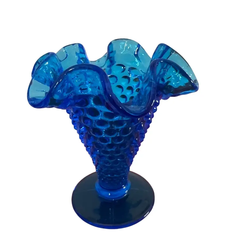 Mid-Century Neon Blue Ruffled Hobnail Bud Vase