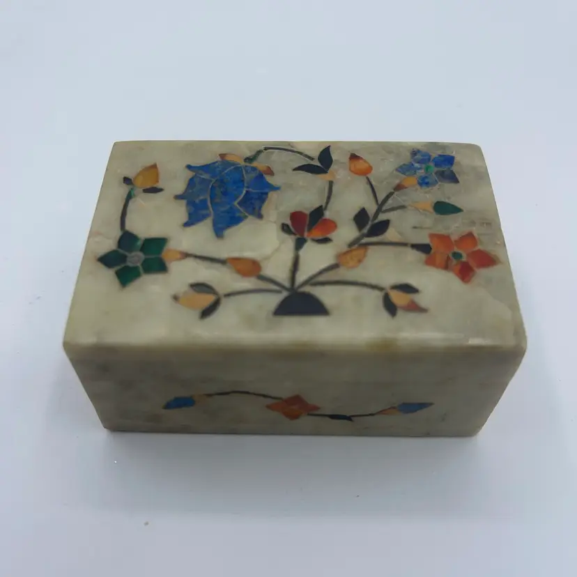 Stone Trinket Box With Floral Design Inlay 3” X 2”