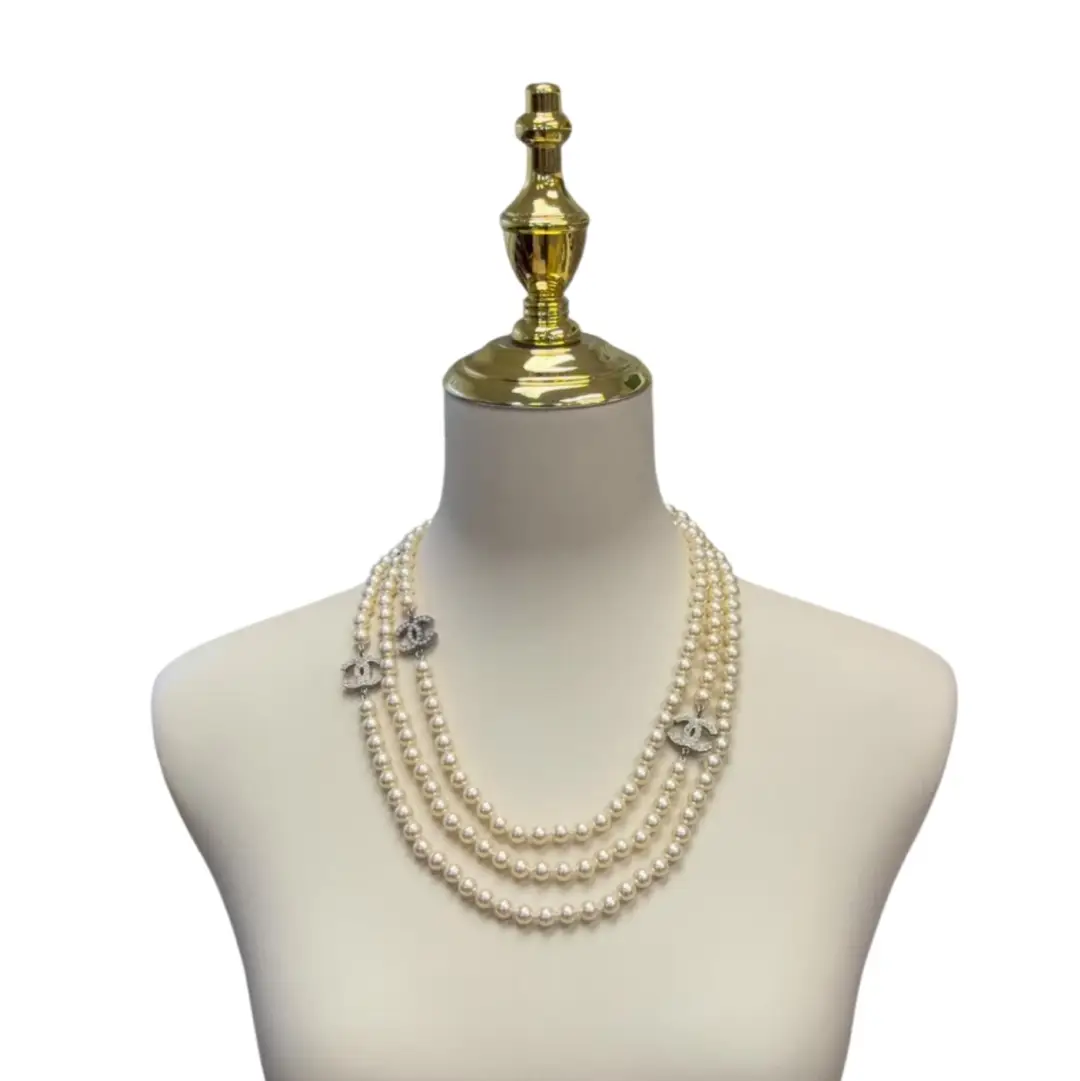 Chanel Faux Ivory Pearl Strand 3 Silver Embellished CC