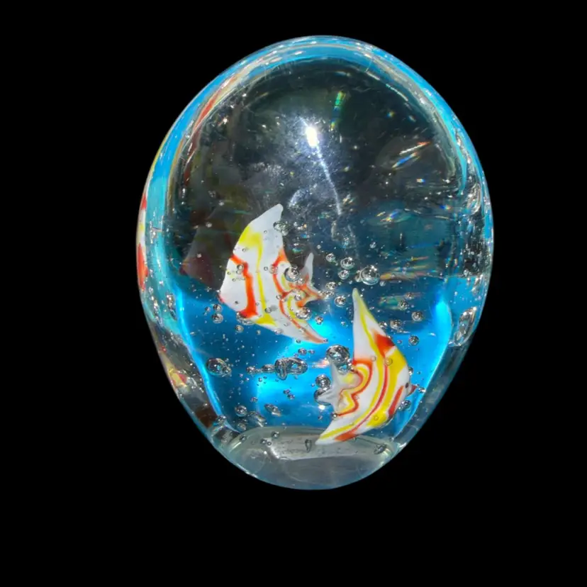 #8…….Aquarium Art Glass Paperweight with Colorful  Angel Fish & Bubbles
