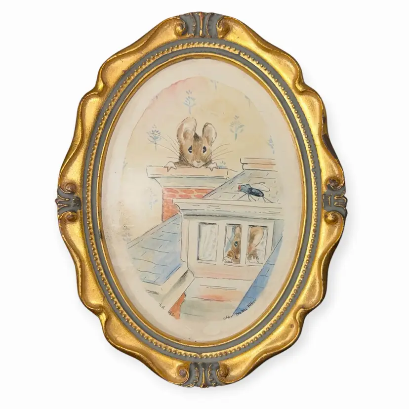 Vintage 1993 Beatrix Potter Mouse Art Print, Ornate Gold Framed Storybook Art, Cottagecore Nursery Wall Decor, Ready to Hang
