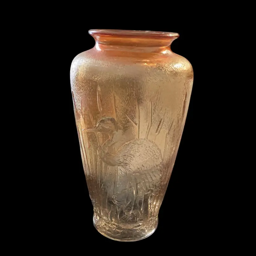 Vintage Jenkins Glass Heron And Cattails Vase - Chip On Rim