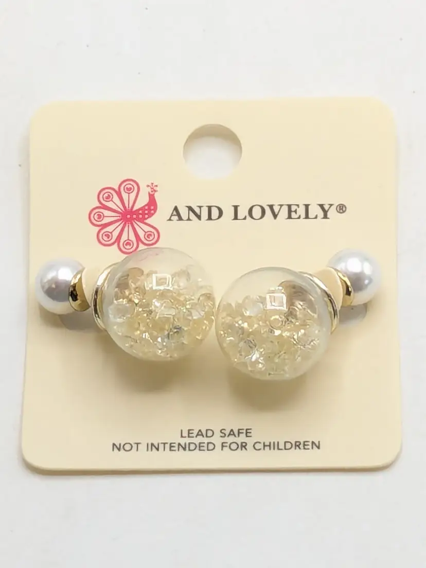 And Lovely Gold Tone Reversible Faux Pearl Snow Globe Pierced Earrings NWT