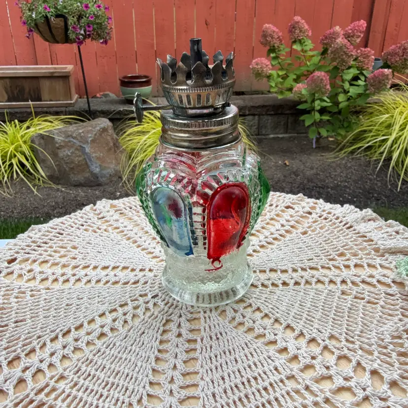 🐞Vtg Small Pressed Glass Oil Lamp Base Multi Color Jewel Flush Painted 4.5x2 1/4”