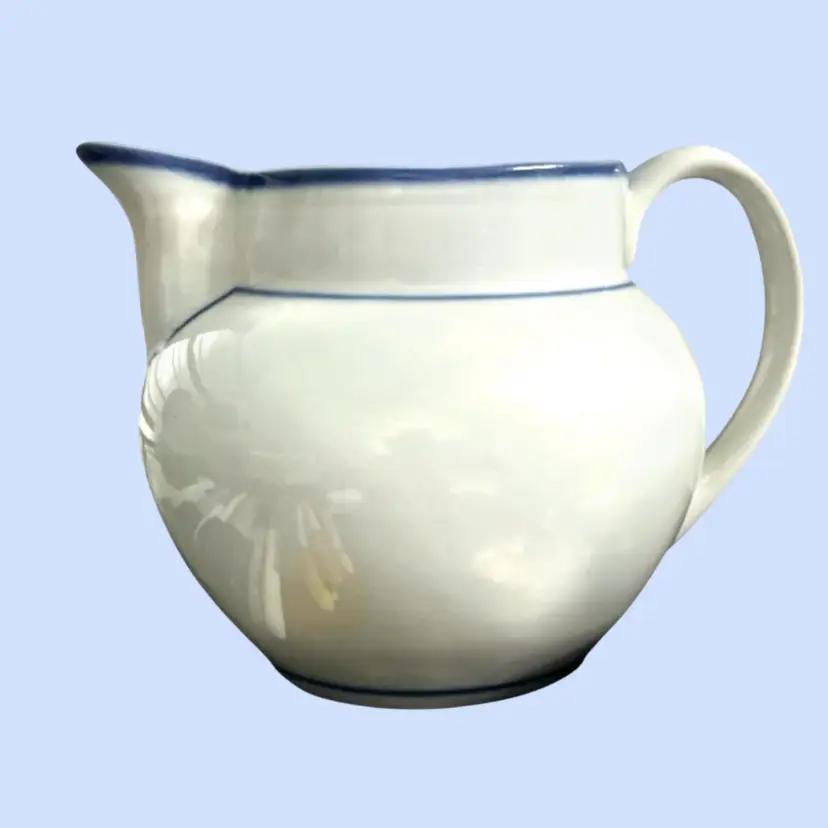 #450- Vintage Pottery Pitcher While w/ Blue Trim Approx 2qts Viana Do Castelo Portugal