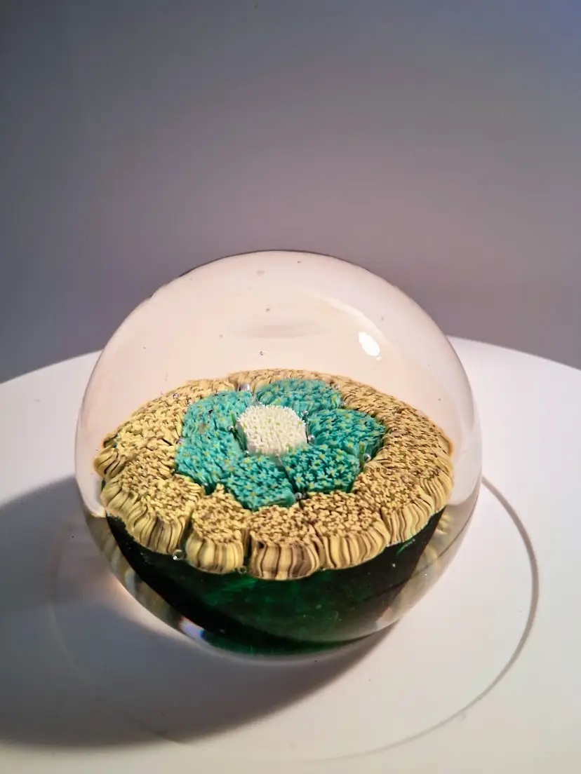 Vintage Murano Italy, KB/Fratelli Toso Close-Pack, Blue, Yellow, Green, Millefiori Paperweight