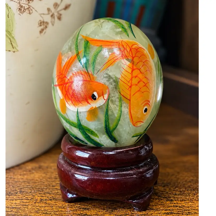 😻 Chinese Hand-Painted Koi Fish Jade Stone Miniature Egg w/ Wooden Stand 2”