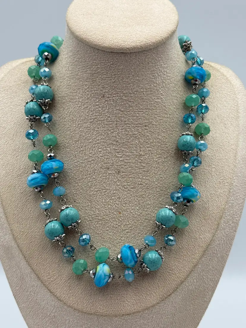 Silver Tone 39.5" X Long Blue Aqua Turquoise Faceted Art Glass Bead Necklace