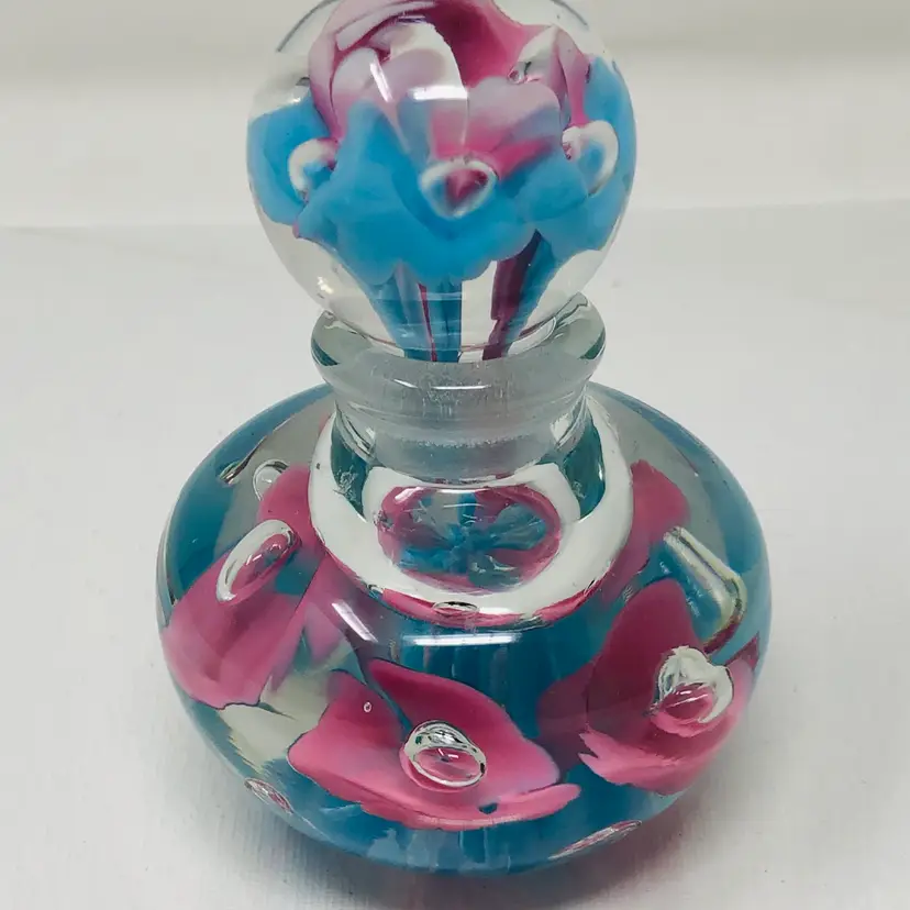Art Glass Perfume Bottle Paperweight with Pink and Blue Trumpet Flowers