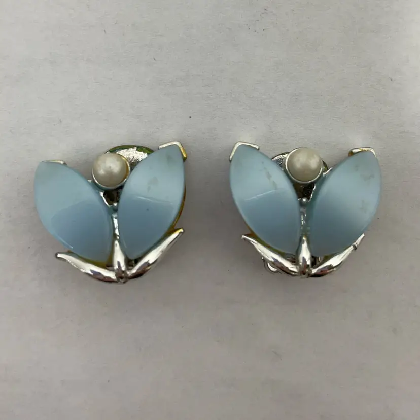 #17 - Light Blue Thermoset Clip On Earrings - Extensive Wear On Back But Still Wearable
